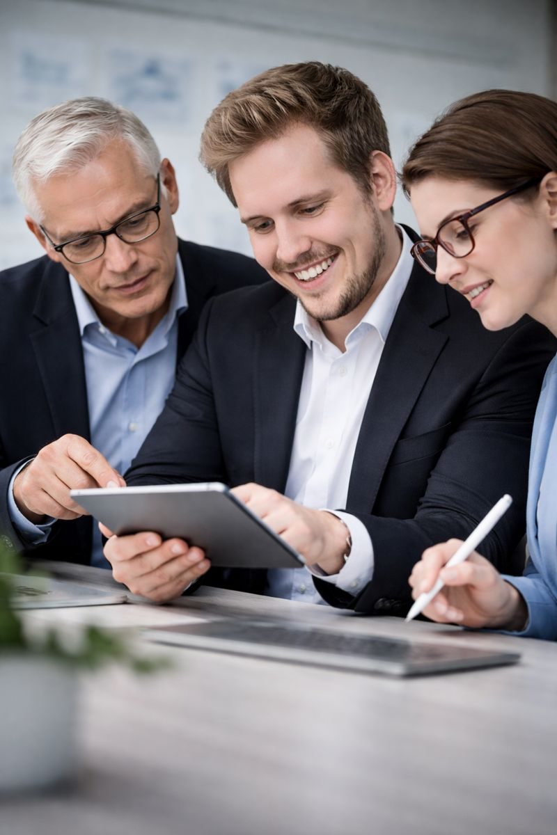 Thomas Frischko bespricht mit Kunden eine Prozesslösung am Tablet